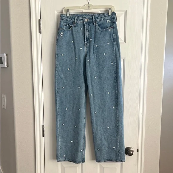 Old Navy Light Blue Straight Leg Jeans with Floral Accents - Picture 2 of 2